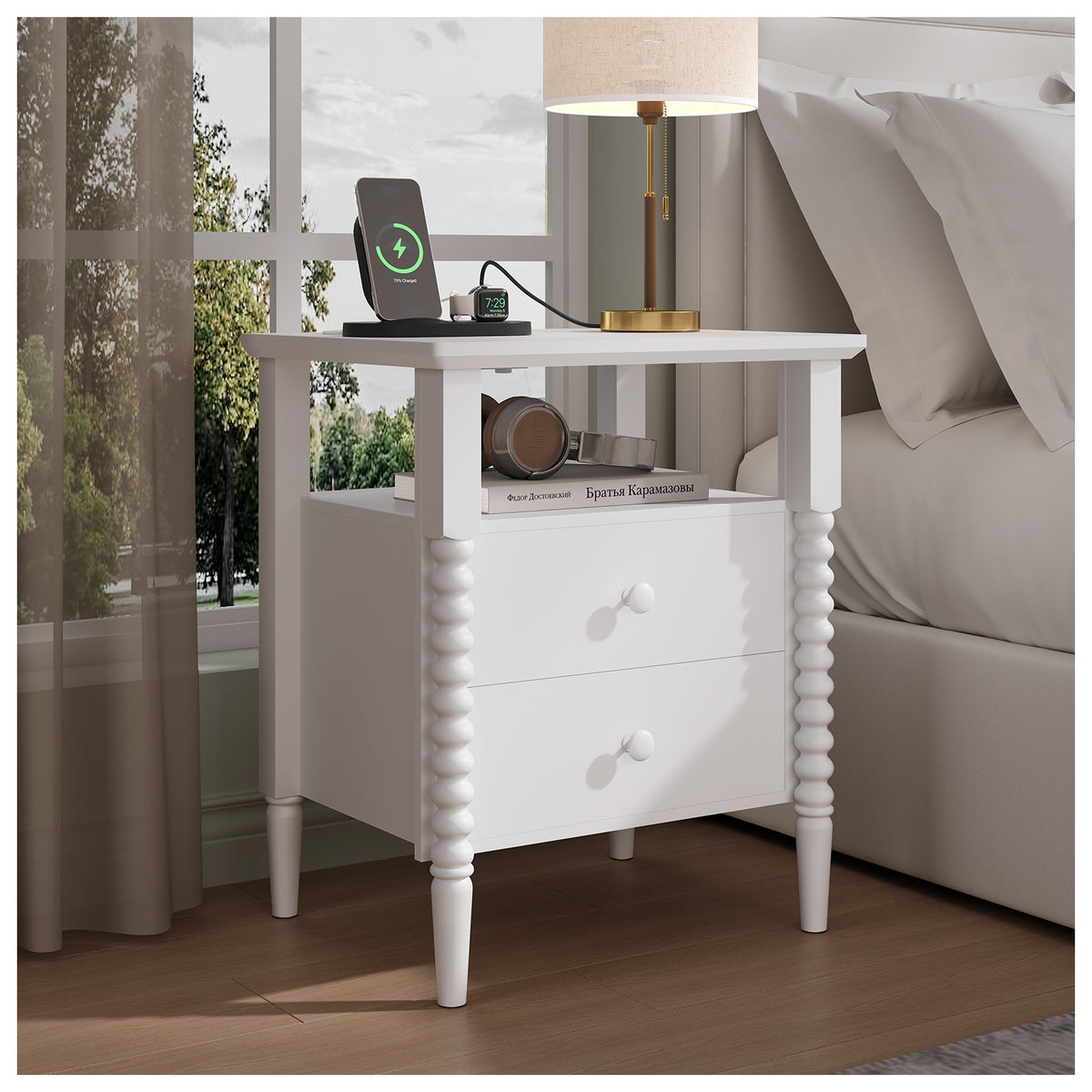 JOINICE White Nightstand with Charging Station, Jenny Lind Spindle Style