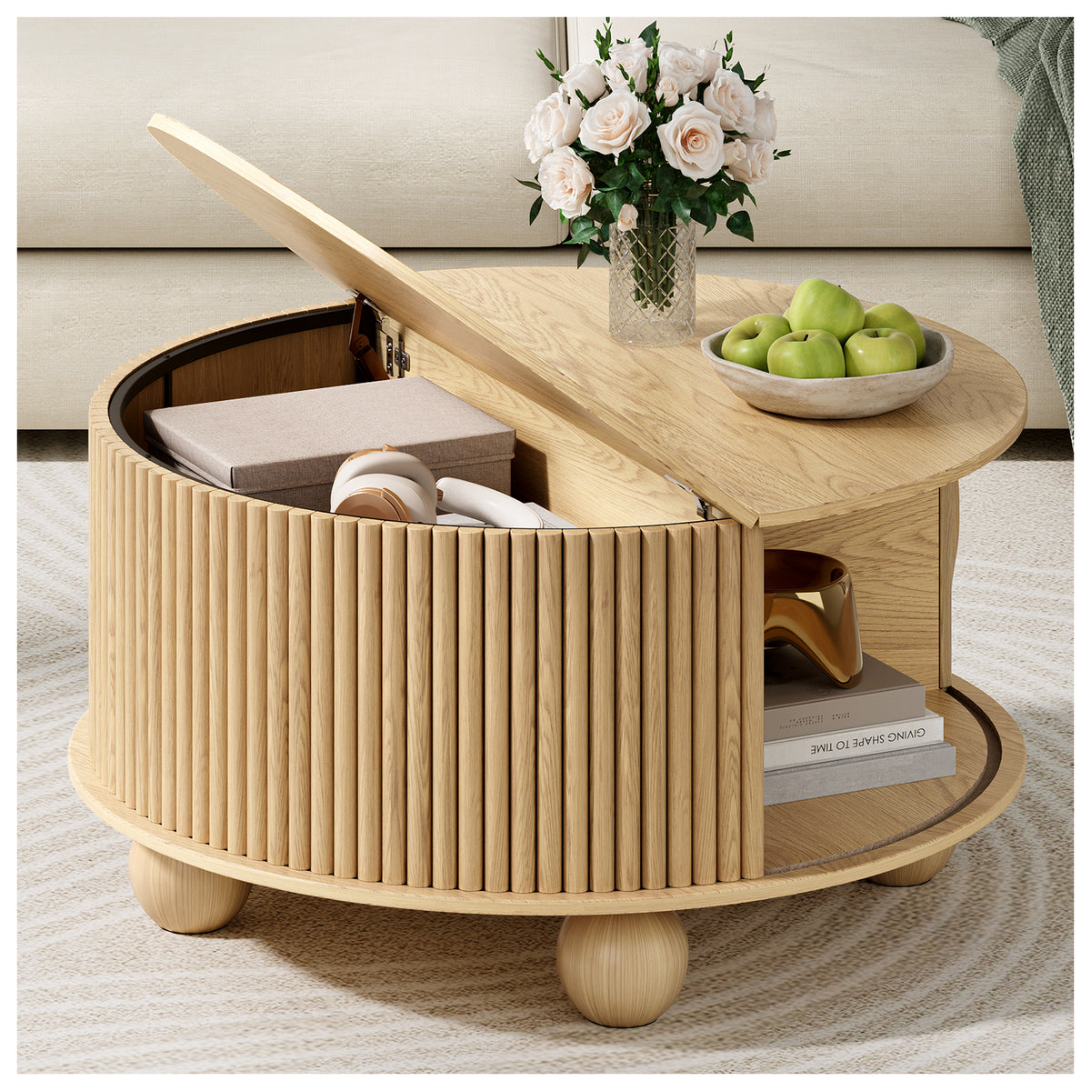 JOINICE 31.5" Round Coffee Table with Storage,Unique Bun Feet, Natural Oak