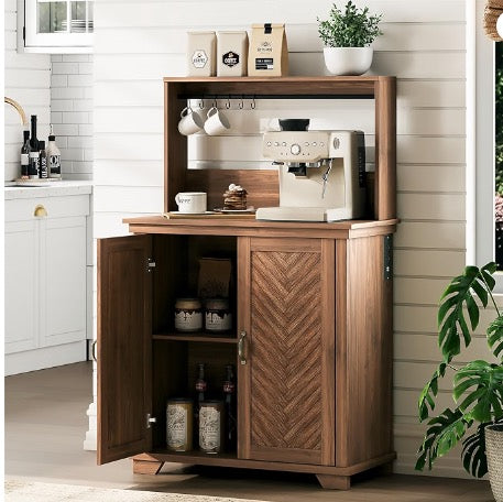 JOINICE Coffee Bar Cabinet with Storage and Charging Station,Walnut
