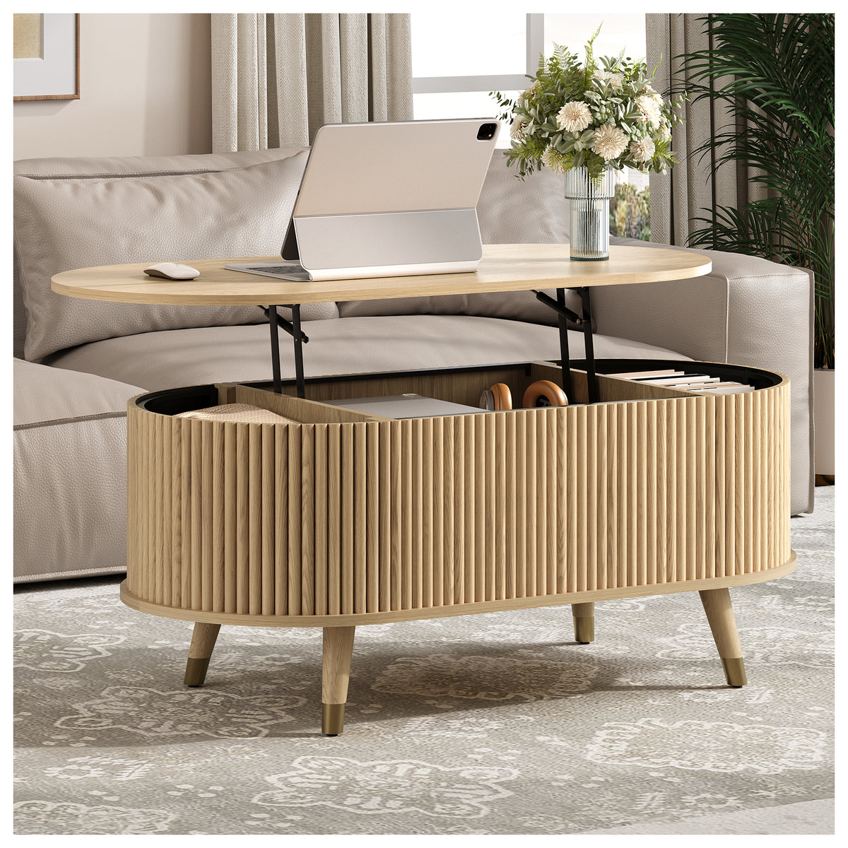JOINICE Oval Lift Top Coffee Table with Storage for Living Room,43" Oak