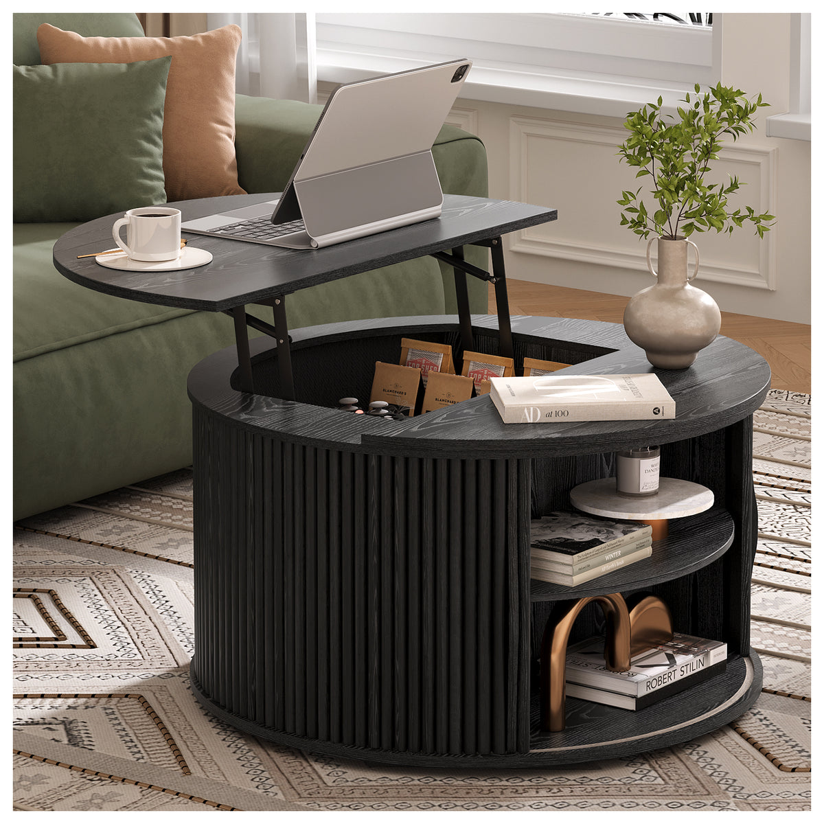 JOINICE Round Lift Top Coffee Table with Storage for Living Room, Black