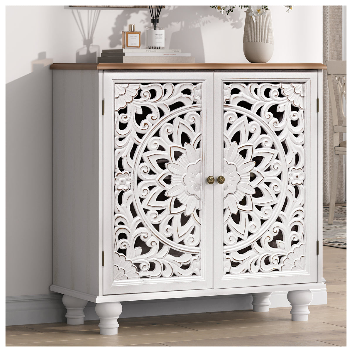 JOINICE 31" Accent Storage Cabinet with Doors for Living Room,White& Walnut