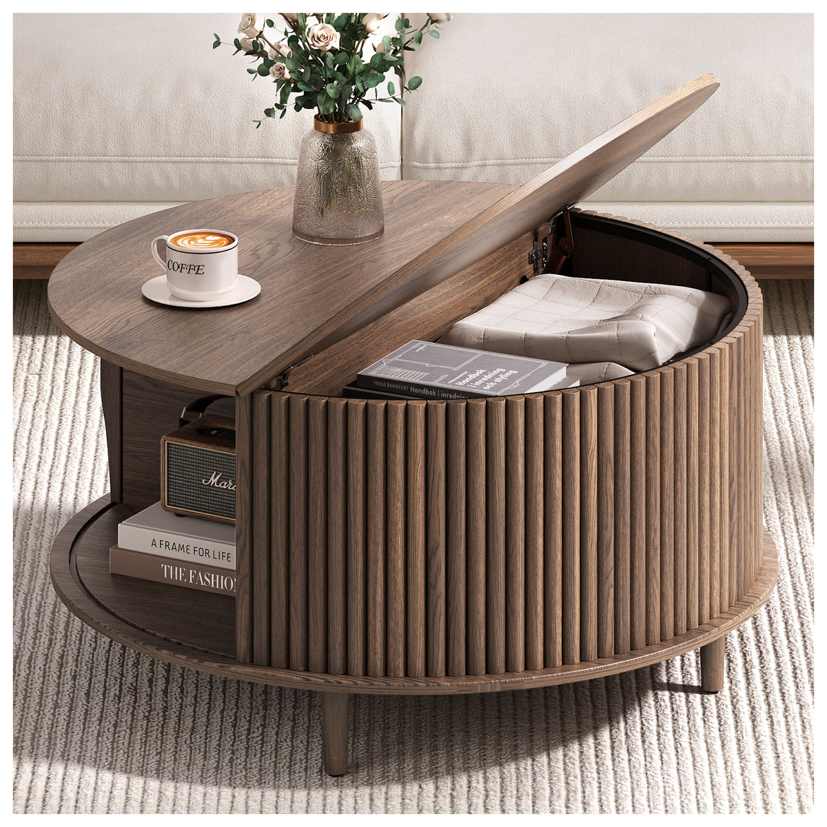 JOINICE 31.5" Round Coffee Table with Storage for Living Room, Walnut