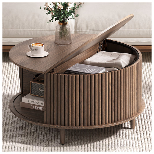 JOINICE 31.5" Round Coffee Table with Storage for Living Room, Walnut