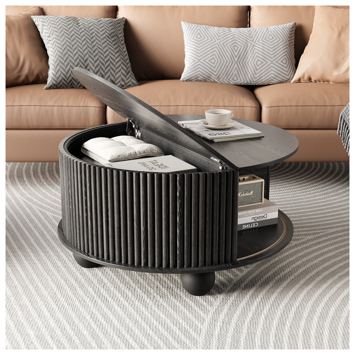 JOINICE 31.5" Round Coffee Table with Storage,Unique Bun Feet, Black