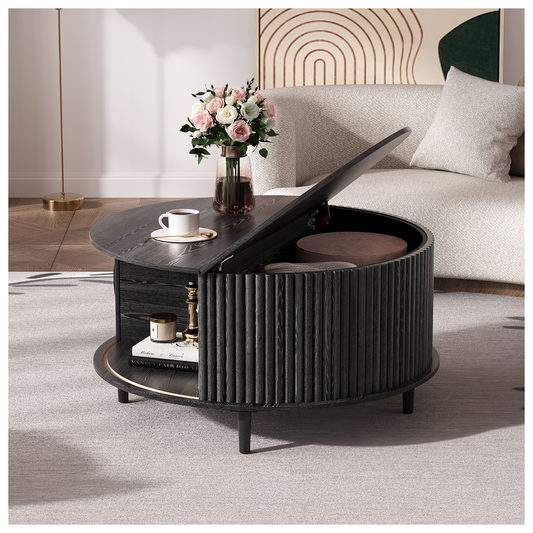 JOINICE 31.5" Round Coffee Table with Storage for Living Room, Black