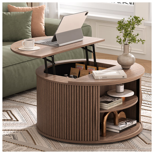 JOINICE Round Lift Top Coffee Table with Storage for Living Room,Walnut
