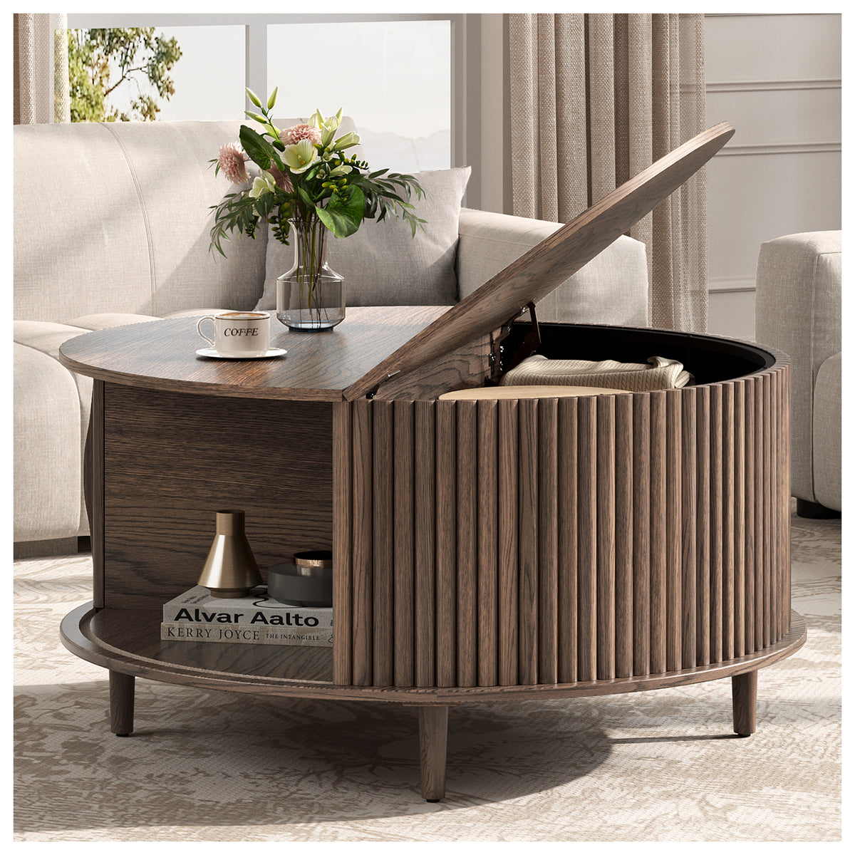 JOINICE 31.5" Round Coffee Table with Storage for Living Room, Walnut