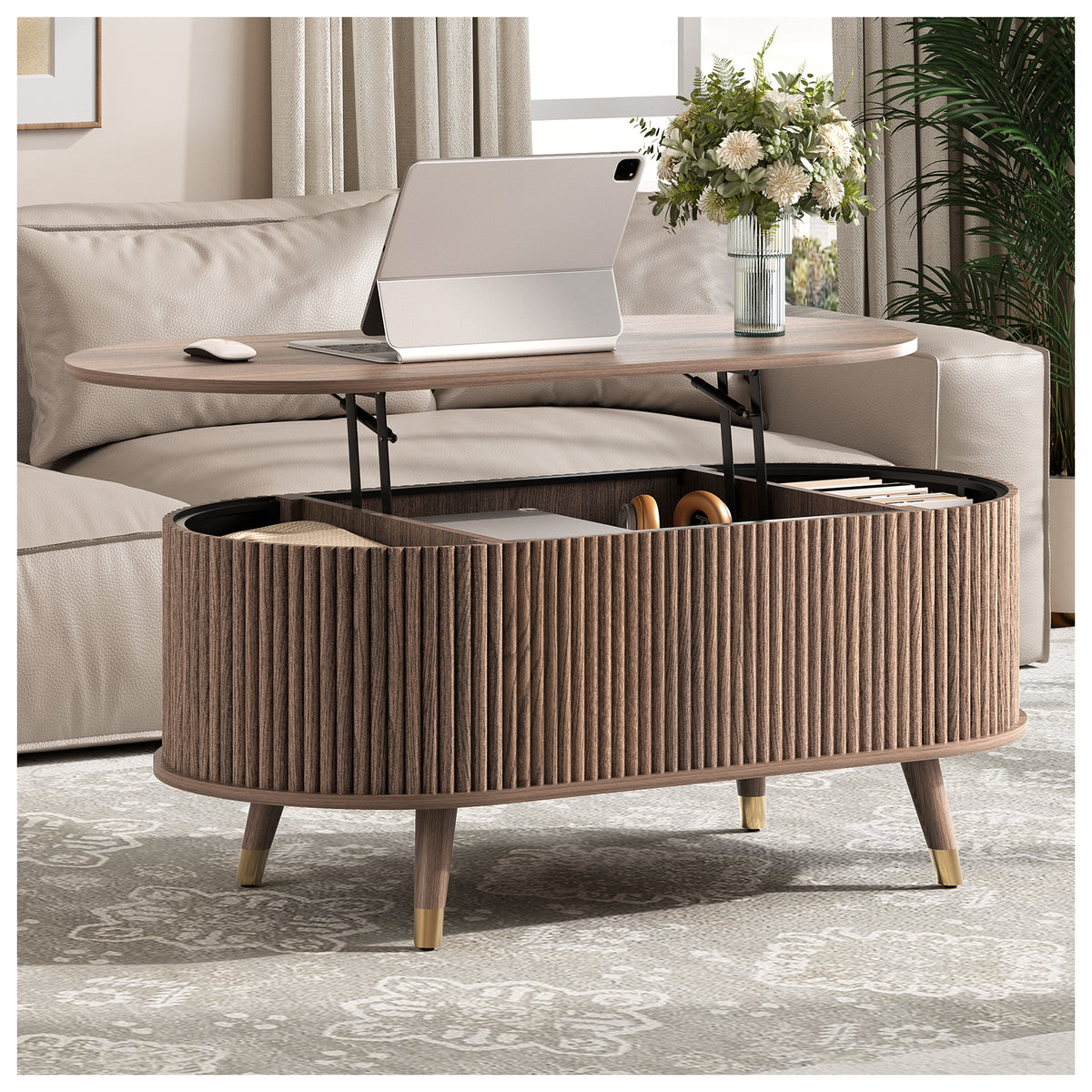 JOINICE Oval Lift Top Coffee Table with Storage for Living Room,43",Walnut
