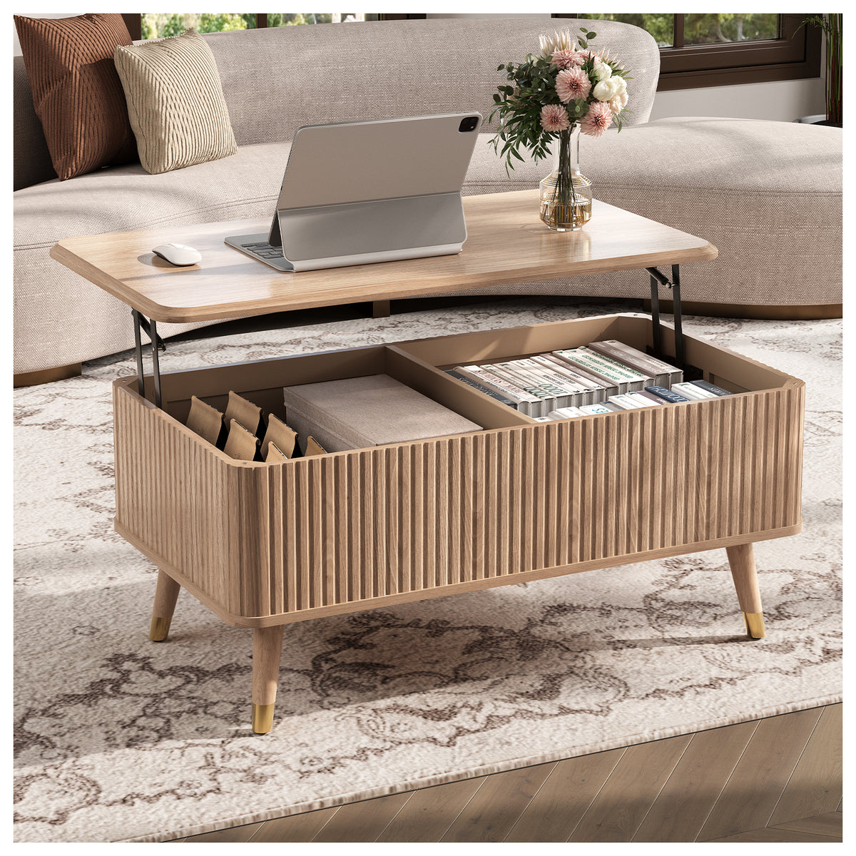 JOINICE 38" Lift Top Coffee Table with Storage for Living Room, Oak