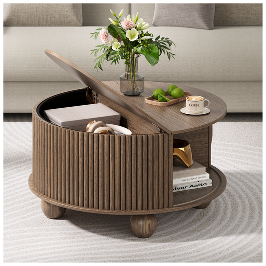 JOINICE 31.5" Round Coffee Table with Storage,Unique Bun Feet,Walnut Finish