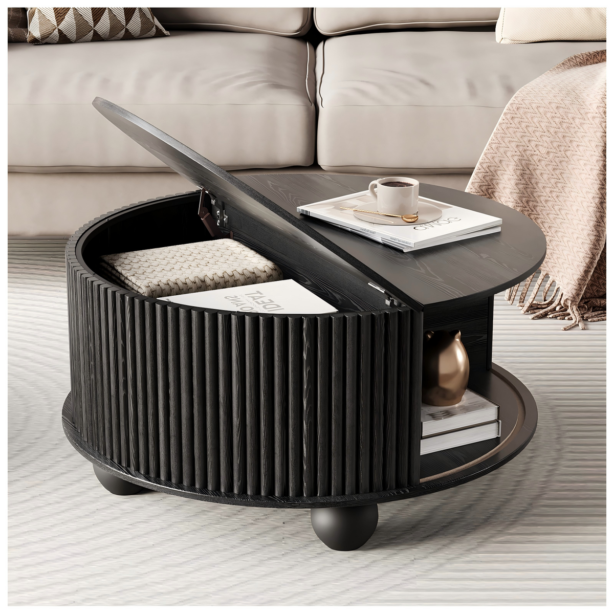 JOINICE 31.5" Round Coffee Table with Storage,Unique Bun Feet, Black