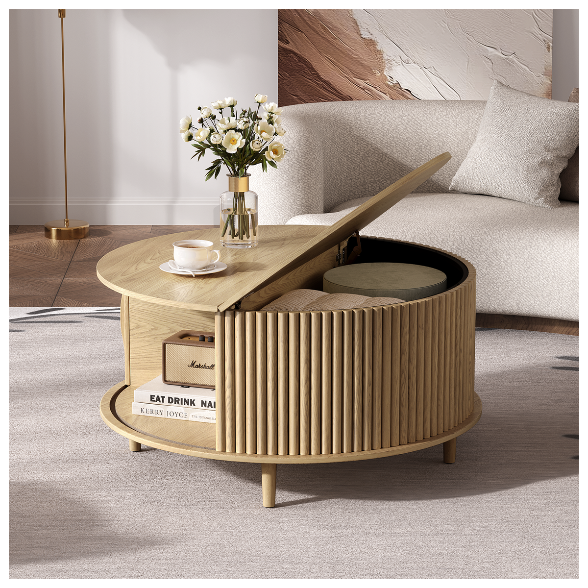JOINICE 31.5" Round Coffee Table with Storage for Living Room, Natural Oak
