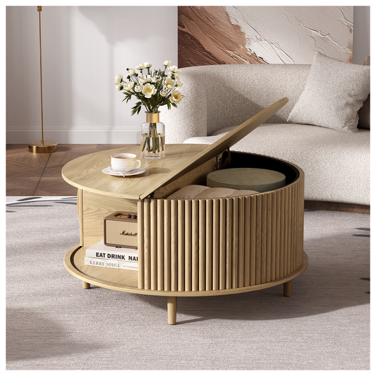 JOINICE 31.5" Round Coffee Table with Storage for Living Room, Natural Oak
