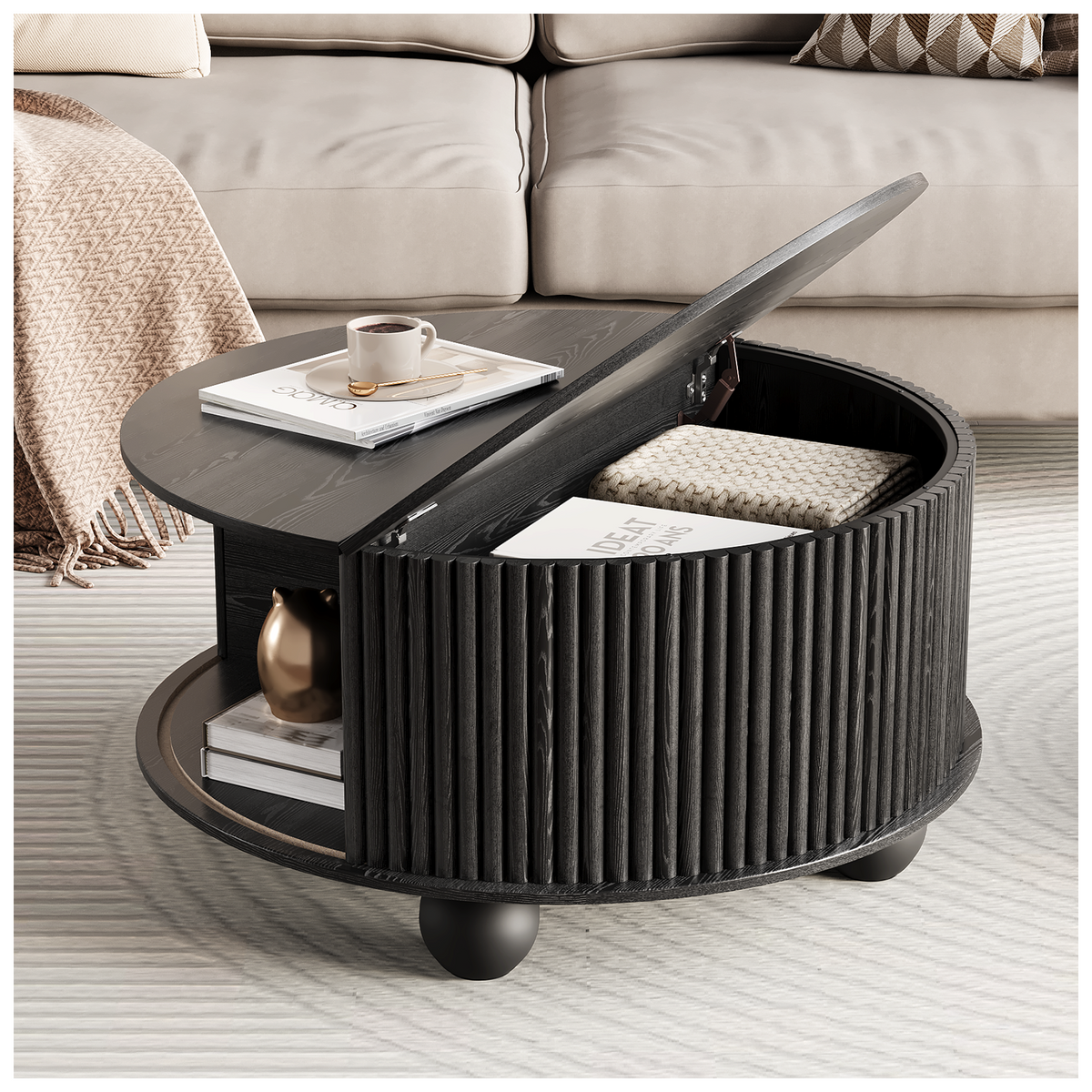 JOINICE 31.5" Round Coffee Table with Storage,Unique Bun Feet, Black