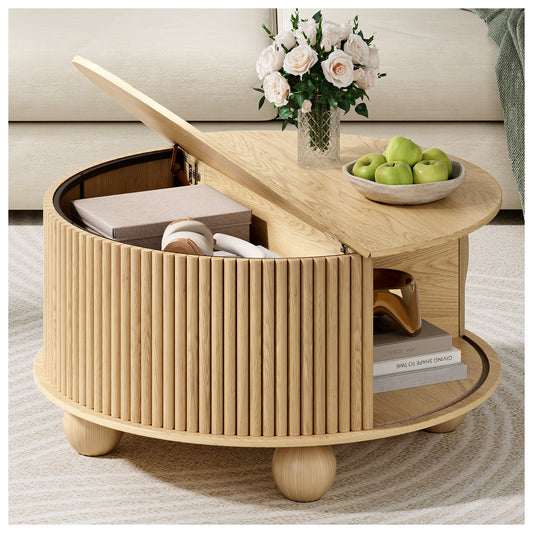 JOINICE 31.5" Round Coffee Table with Storage,Unique Bun Feet, Natural Oak