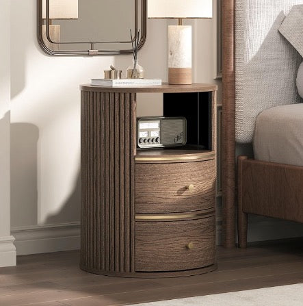 JOINICE Walnut Round Nightstand with Storage, Open Shelf and 2 Drawers
