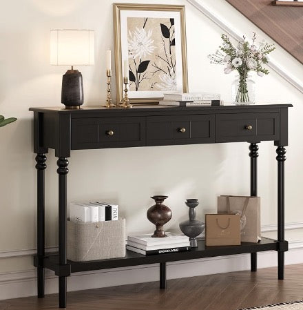 JOINICE Black Console Table with Drawers for Entryway 43", French Modern