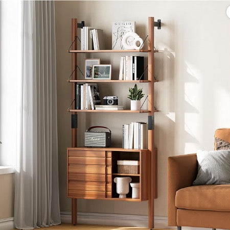 JOINICE 6 Tier Ladder Bookshelf with Storage Cabinet for Living Room,Cherry