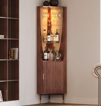 JOINICE Tall Corner Bar Cabinet for Liquor,Mid-Century Modern,Walnut,70"