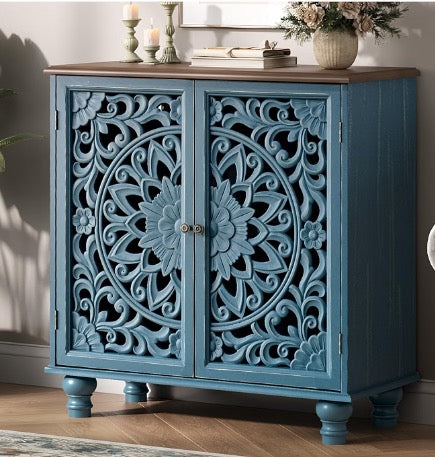 JOINICE 31" Accent Storage Cabinet with Doors for Living Room,Blue & Walnut