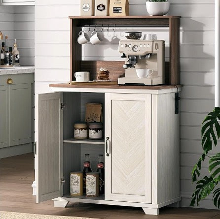 JOINICE Farmhouse Coffee Bar Cabinet with Storage and Charging, White
