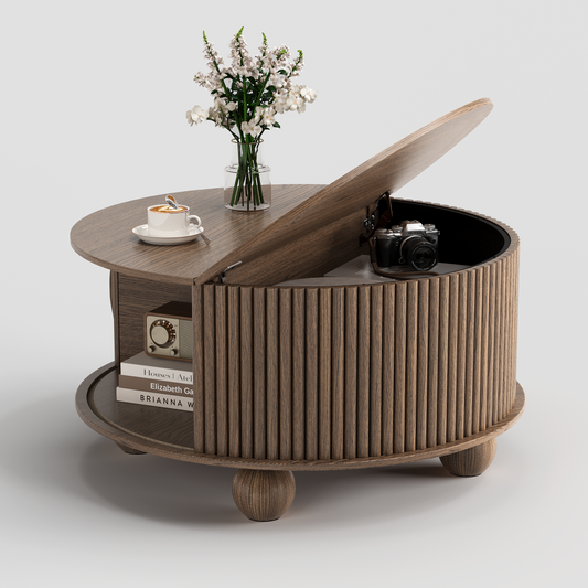 JOINICE 31.5" Round Coffee Table with Storage,Unique Bun Feet,Walnut Finish