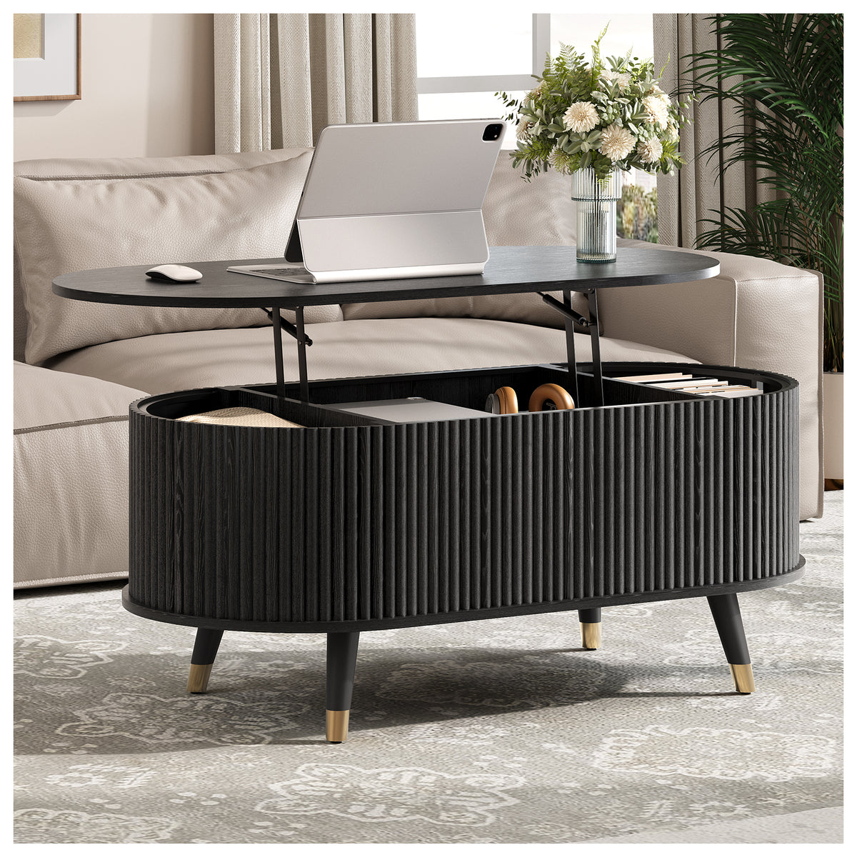 JOINICE Oval Lift Top Coffee Table with Storage for Living Room,43" Black