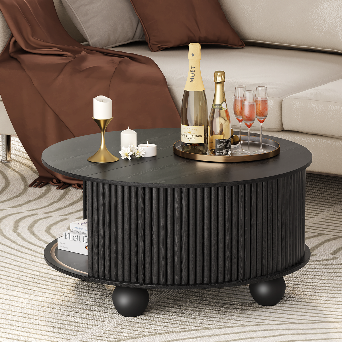 JOINICE 31.5" Round Coffee Table with Storage,Unique Bun Feet, Black