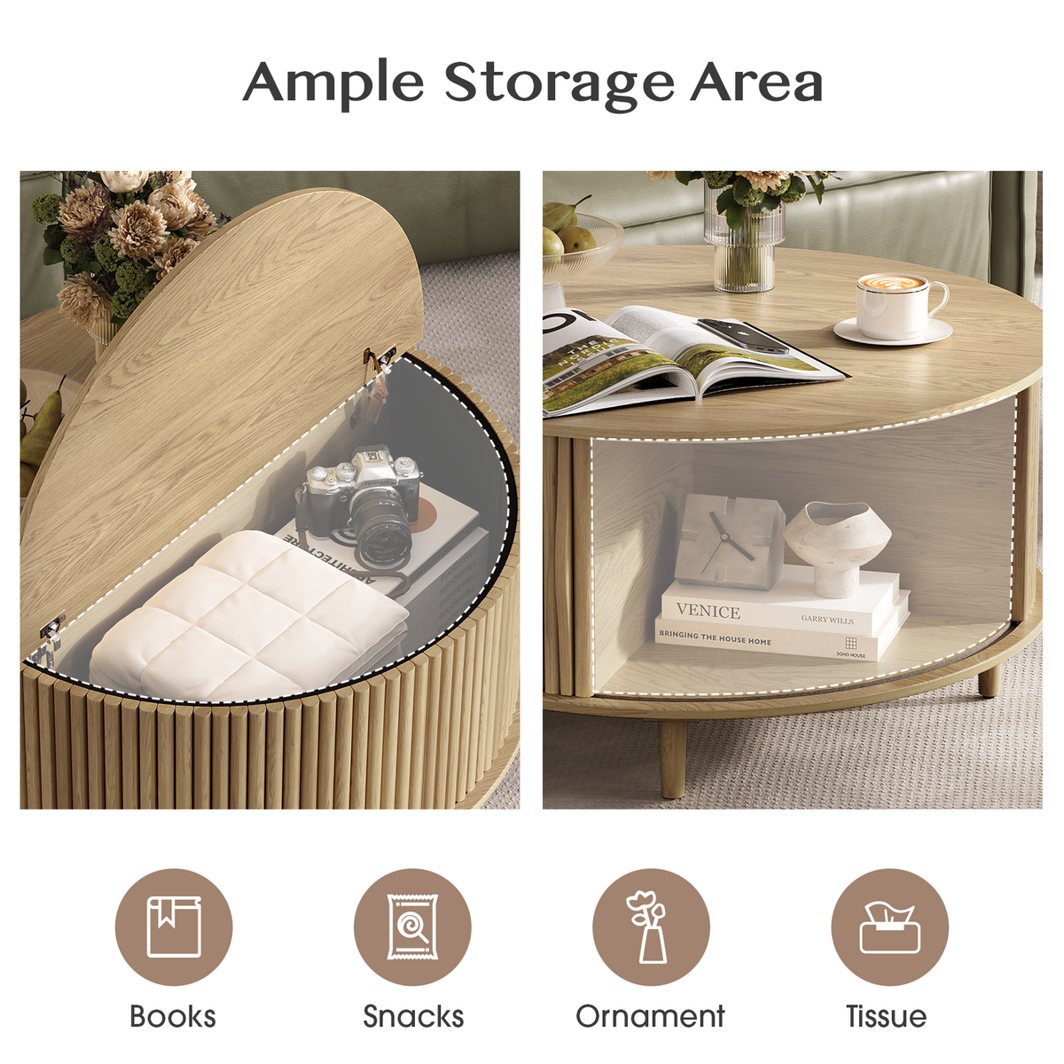 JOINICE 31.5" Round Coffee Table with Storage for Living Room, Natural Oak