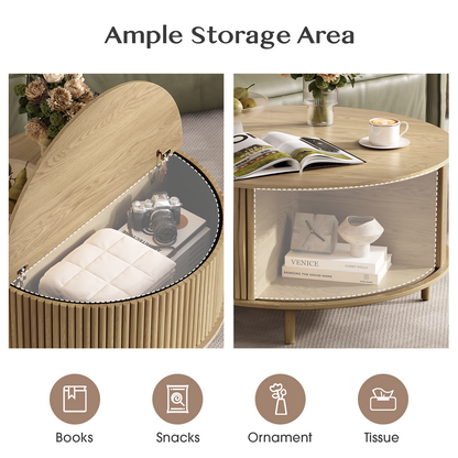 JOINICE 31.5" Round Coffee Table with Storage for Living Room, Natural Oak