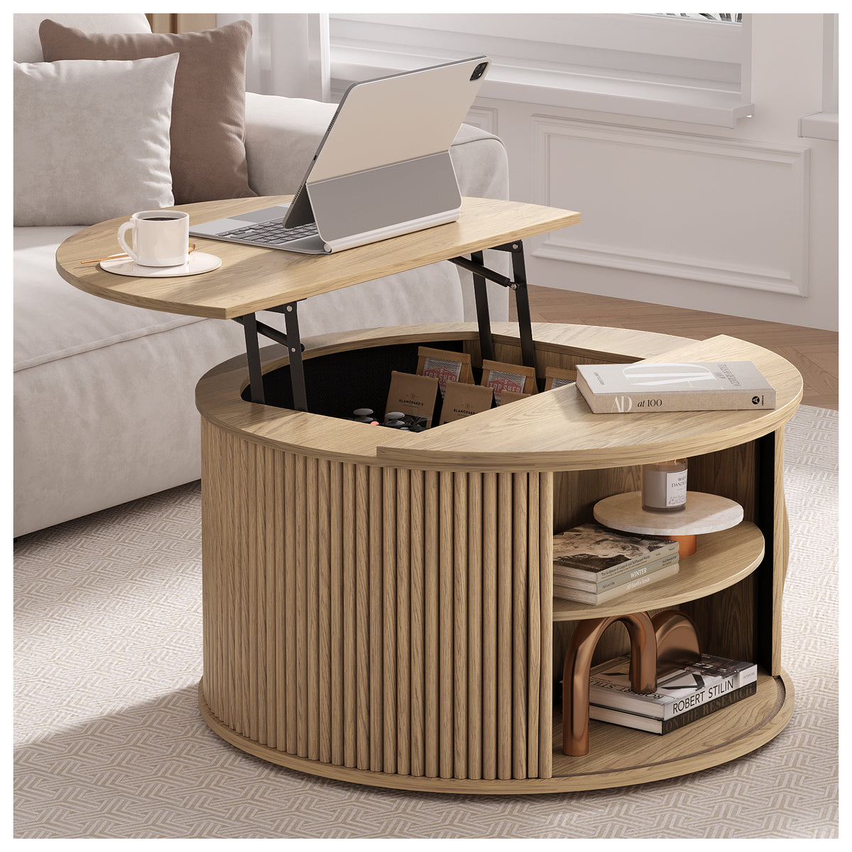 JOINICE Round Lift Top Coffee Table with Storage for Living Room, Oak