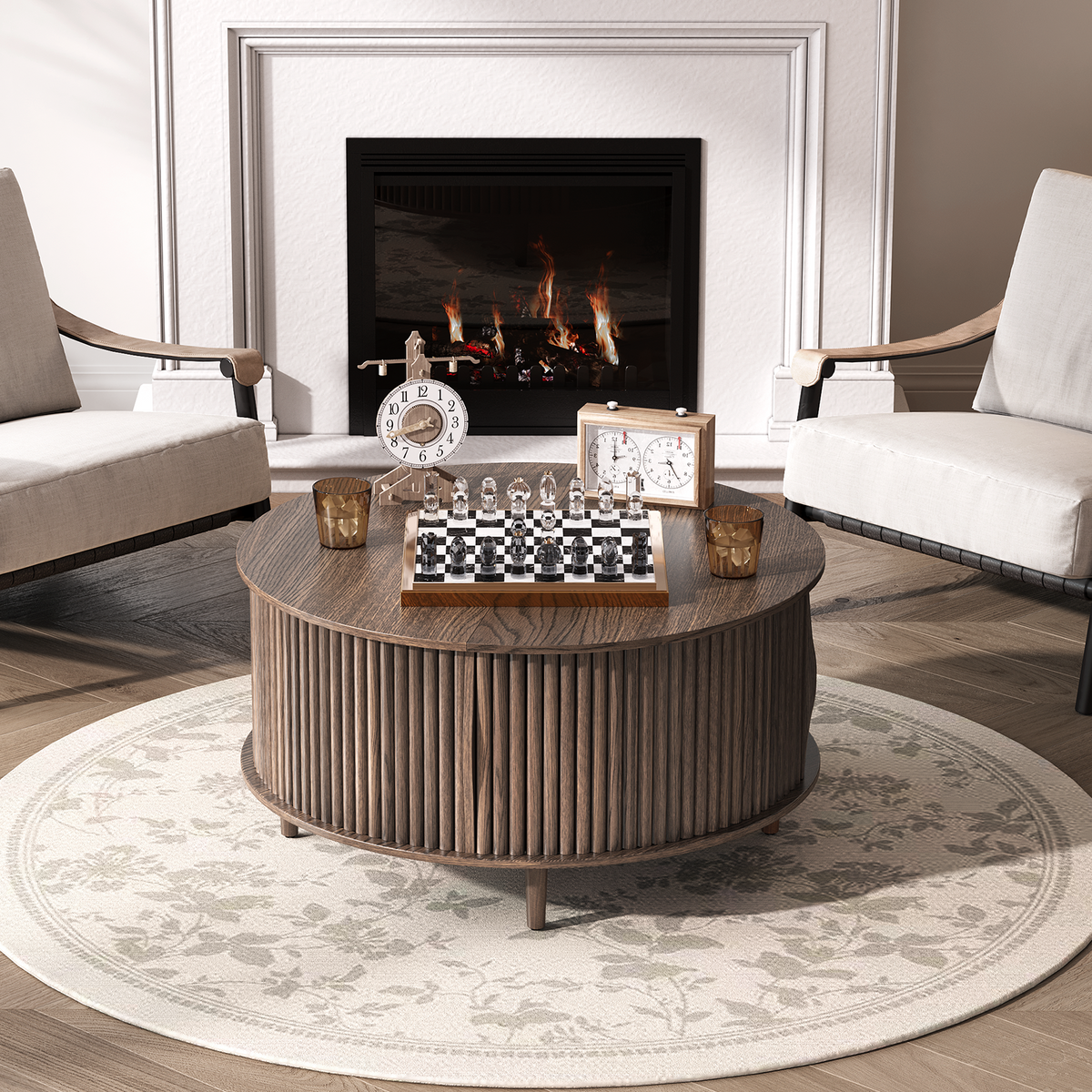 JOINICE 31.5" Round Coffee Table with Storage for Living Room, Walnut
