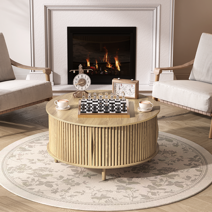JOINICE 31.5" Round Coffee Table with Storage for Living Room, Natural Oak