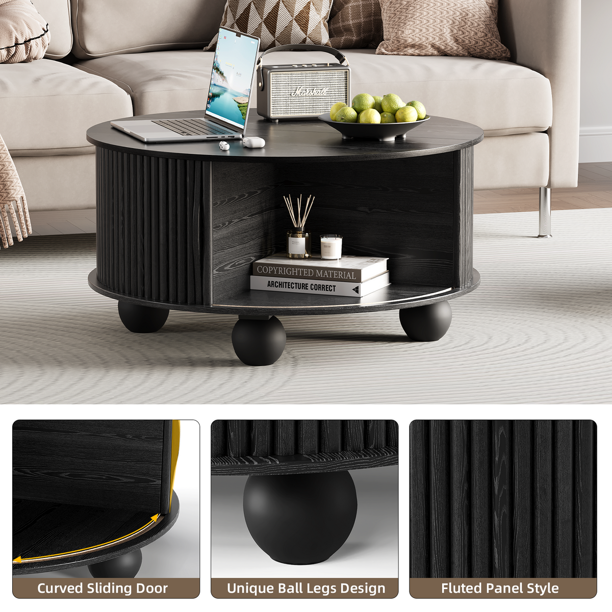 JOINICE 31.5" Round Coffee Table with Storage,Unique Bun Feet, Black