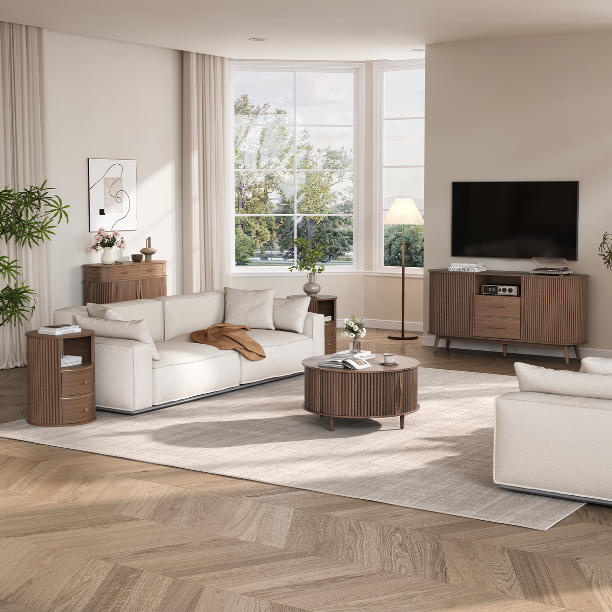 JOINICE 31.5" Round Coffee Table with Storage for Living Room, Walnut