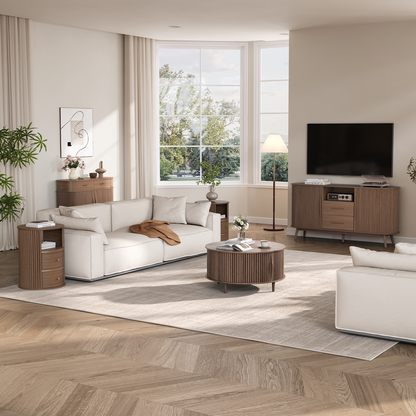 JOINICE 31.5" Round Coffee Table with Storage for Living Room, Walnut
