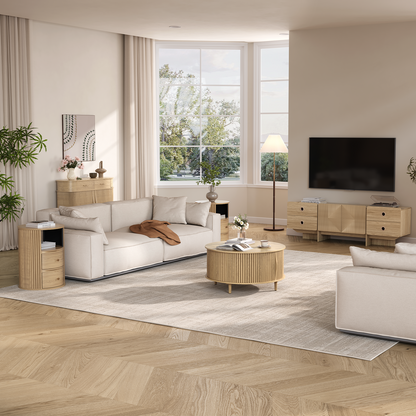 JOINICE 31.5" Round Coffee Table with Storage for Living Room, Natural Oak