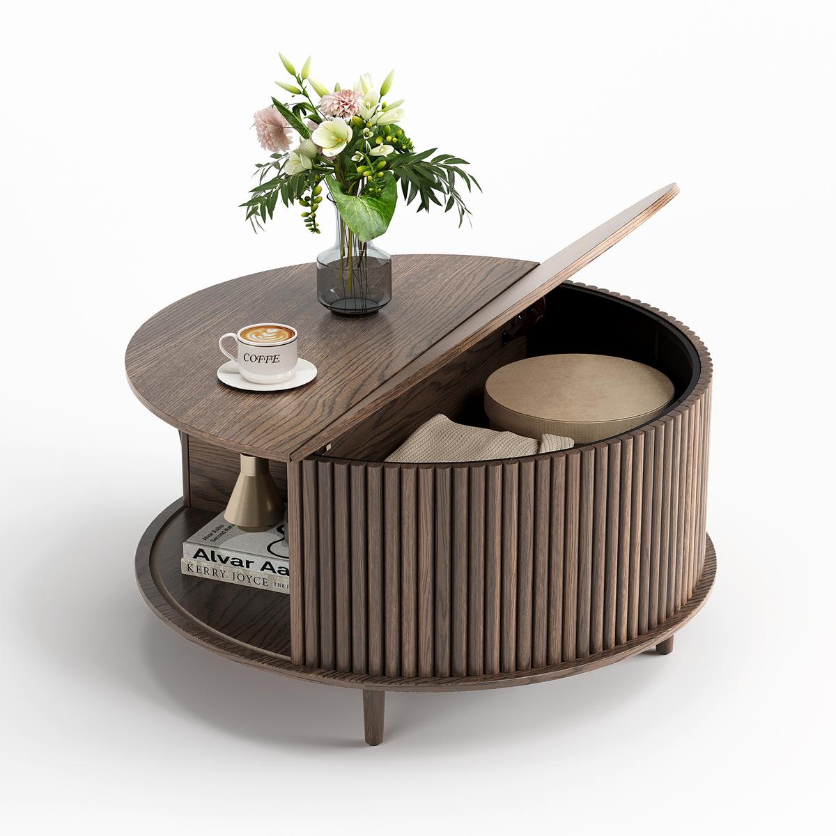 JOINICE 31.5" Round Coffee Table with Storage for Living Room, Walnut