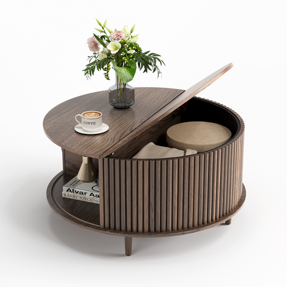 JOINICE 31.5" Round Coffee Table with Storage for Living Room, Walnut
