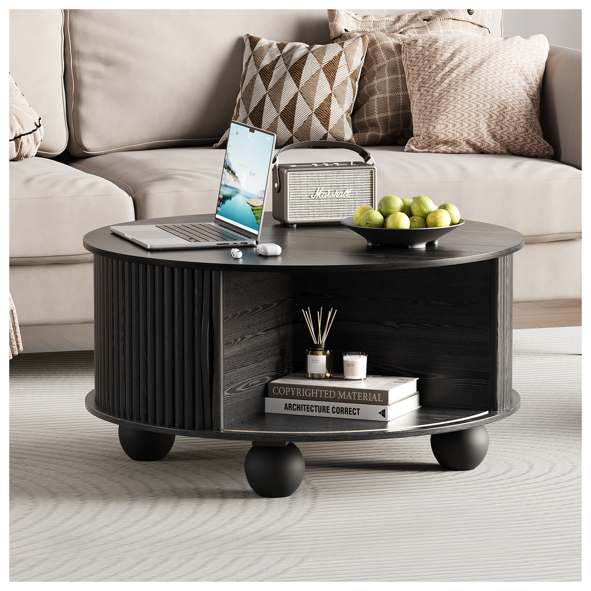 JOINICE 31.5" Round Coffee Table with Storage,Unique Bun Feet, Black