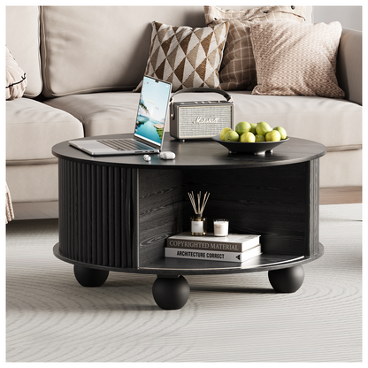 JOINICE 31.5" Round Coffee Table with Storage,Unique Bun Feet, Black