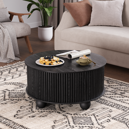 JOINICE 31.5" Round Coffee Table with Storage,Unique Bun Feet, Black