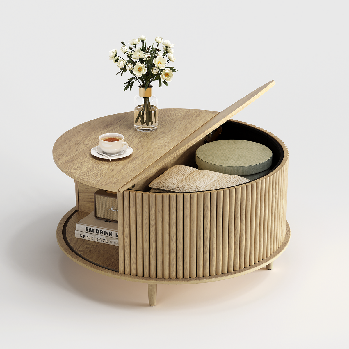 JOINICE 31.5" Round Coffee Table with Storage for Living Room, Natural Oak