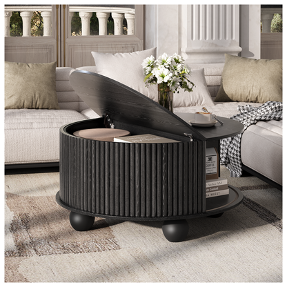 JOINICE 31.5" Round Coffee Table with Storage,Unique Bun Feet, Black